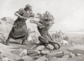 Tiglath-Pileser matando a un león, de la Historia de las Naciones de Hutchinson, pub.1915