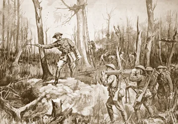El capitán (teniente coronel temporal) R.B. Barker organizando las defensas de un bosque (litografía)