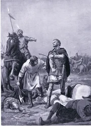 Captura del emperador Romanus Diogenes por Alp Arslanti en 1071 d.C. (litografía)