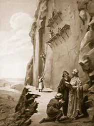 Darío supervisando su inscripción en Behistun, ilustración de la "Historia de las Naciones de Hutchinson".