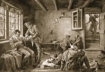 Lance-Corporal Royall atendiendo a los heridos en una posada que estaba bajo fuego (litho)