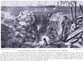 Soldado de primera Best condecorado con una M.C.D. por comenzar a reconstruir su trinchera cerca del canal de Yser bajo un intenso fuego en agosto de 1915 (litografía).