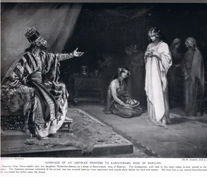 Matrimonio de una princesa asiria con Kara-Indash, rey de Babilonia, ilustración de la "Historia de las Naciones" de Hutchinson (litografía).