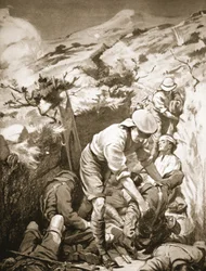Los soldados Druall y Smith retiran a los heridos de una savia desprotegida y expuesta a fuego intenso (litografía).