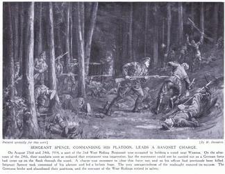 El sargento Spence ganó una DCM por liderar su pelotón lidera una carga de bayoneta en bosques cerca de Wasmes en agosto de 2014 (litho)