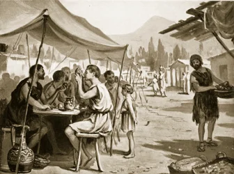 Espartanos comiendo en mesas públicas, ilustración de "Hutchinson