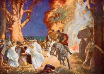 La masacre de los druidas en Anglesey por los romanos en el año 60 d.C., ilustración de "Hutchinson