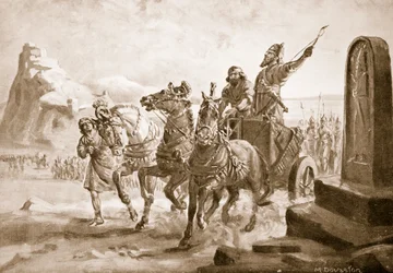 Tiglat-Pileser IV ante la ciudadela de Turushpa, ilustración de la "Historia de las Naciones de Hutchinson" (litografía).