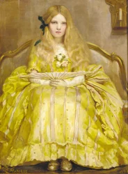 Retrato de una niña, pequeña de cuerpo entero, con un vestido amarillo, sosteniendo un abanico, en un interior