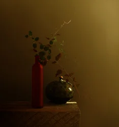 Naturaleza muerta con botella roja oscura