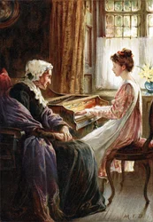 Su himno vespertino. Cromolitografía sobre pintura de la artista inglesa Margaret Isabel Dicksee (1858-1903) publicada en 1892. Una joven toca música de teclado (¿clavicordio) para su anciana abuela.