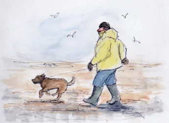 Paseando al perro - 01 (pluma y acuarela)