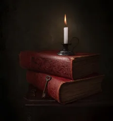 Libros a la luz de las velas y una llave