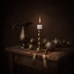 Naturaleza muerta a la luz de las velas doradas