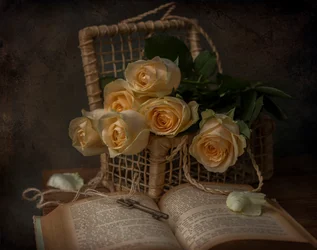 Rosas románticas y un libro antiguo