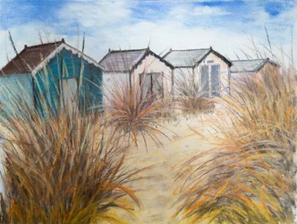 Cabañas en la playa, Cornualles, 2022 (pastel)