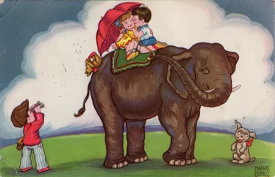 Niños montando en un elefante, 1932