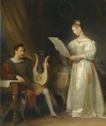 Interior con un hombre sosteniendo una lira y una mujer con una partitura musical