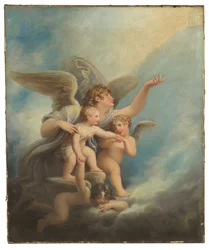 Un ángel y putti acompañando el alma de un niño al cielo