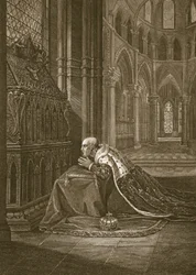 Luis VII, Rey de Francia, ante la tumba de Beckett, grabado por W. Sharp, ilustración de 
