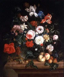 Naturaleza muerta, flores y frutas