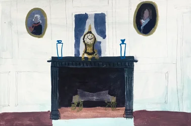 Interior con reloj, 2018 (acuarela y temple sobre papel)