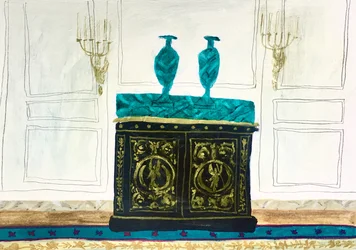 Interior con cajonera verde, 2018 (acuarela y temple sobre papel)