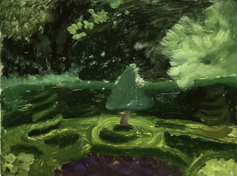 Paisaje con jardín verde en Londres, 2019 (óleo sobre papel)