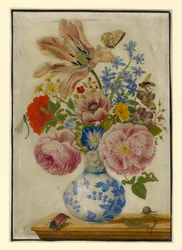 Jarrón chino con rosas, amapolas y claveles