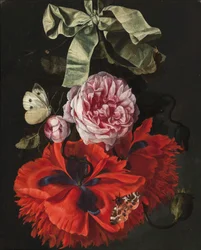 Rosas y claveles colgando de una cinta verde con una polilla y una mariposa (óleo sobre tabla)