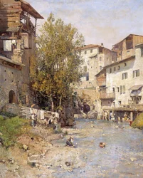 Paisaje con un pueblo en las afueras de Roma