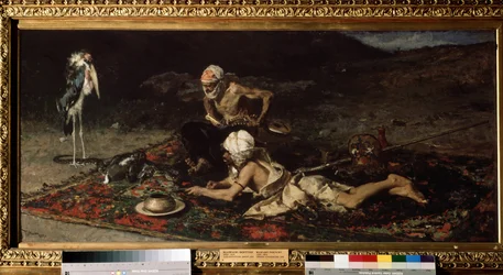 "" Los encantadores de serpientes "" Encantadores de serpientes hindúes que ofrecen un conejo a la serpiente (Encantadores de serpientes hindúes) . Pintura de Mariano Fortuny y Marsal (1838-1874)