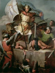 El Conde Berenguer III izando el estandarte de Barcelona en la Torre del Castillo de Foix