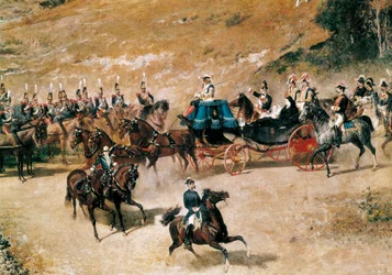 La reina María Cristina y su hija Isabel II revisando las baterías de artillería que defienden Madrid en 1837, (detalle), c. 1866