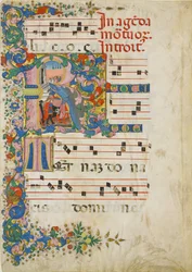 Hoja de manuscrito con una procesión fúnebre en una inicial R, de un gradual, segunda mitad del siglo XV