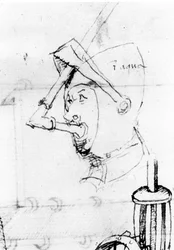 Dibujo que representa la transformación de un casco en una máscara submarina. La visera se usa para sostener el tubo respiratorio - en “De Ingeneis” por Mariano di Jacopo, llamado Il Taccola, siglo XV