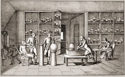 Antoine Laurent de Lavoisier (1743-1794), químico francés realizando un experimento sobre la respiración del hombre en reposo. Dibujo de la Sra. Lavoisier. París siglo XVIII. Colección Leemage.
