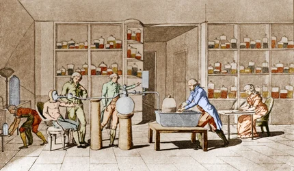 Antoine Laurent de Lavoisier (1743-1794), químico francés, realiza un experimento sobre la respiración del hombre en reposo. Del dibujo de Mme Lavoisier. París siglo XVIII. Colección Leemage