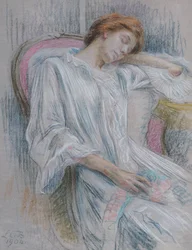 Joven mujer dormida en una silla