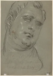 Cabeza de hombre, según la antigüedad (verso) (tiza blanca y negra sobre papel azul)