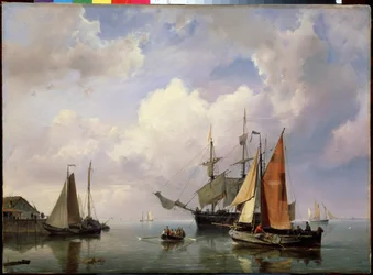 Marina. (Un paisaje marino). Pintura Marinero Adrian Koekkoek (1807-1870). Óleo sobre tela. arte holandés. Museo Estatal al Aire Libre Peterhof, San Petersburgo.