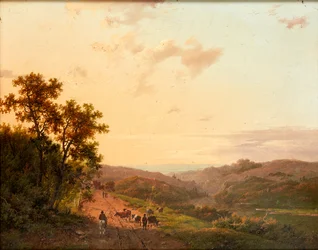 Pastores y su ganado en un camino rural, con paisaje distante