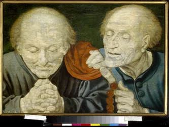 Dos viejos (Two Old Men). Pintura de Marinus Claeszoon van Reymerswaele (circa 1490-después de 1567), óleo sobre madera. Arte holandés del siglo XVI. Estado A. Museo Pushkin de Bellas Artes, Moscú.