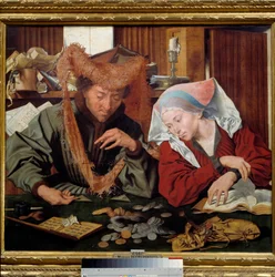 El cambista y su esposa. Una pareja de prestamistas cuenta y pesa dinero. Pintura de Marinus Claeszoon van Reymerswaele (1493-1567), 1538, Madrid, Museo del Prado