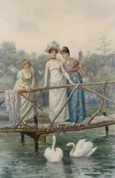 Mujeres jóvenes alimentando a los cisnes