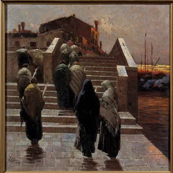 Tarde roja, esperanza de buen tiempo Procesión de mujeres (¿de luto?) Cruzando un río.