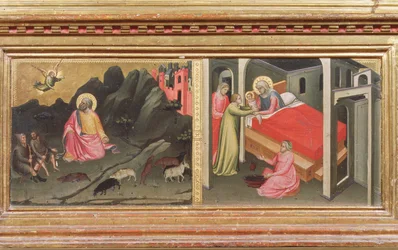 Madonna y el Niño con Santos, detalle de la predela representando la Anunciación a Joaquín y la Natividad de la Virgen (detalle)