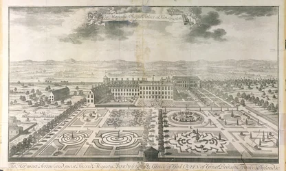 Vista aérea de los jardines del Palacio de Kensington, grabado por Johannes Kip (c.1652-1722) publicado por J. Smith, 1724