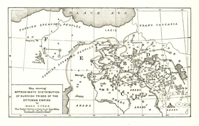 Mapa que muestra la distribución aproximada de las tribus kurdas del Imperio otomano, hacia 1915.