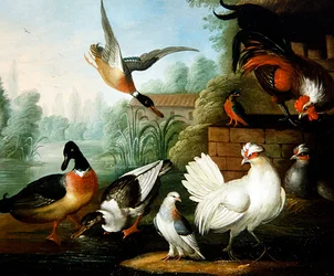 Un paisaje con gallinas, patos y un martín pescador